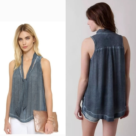 Free People Tie Neck High-Low Top Blue XS - Picture 1 of 8